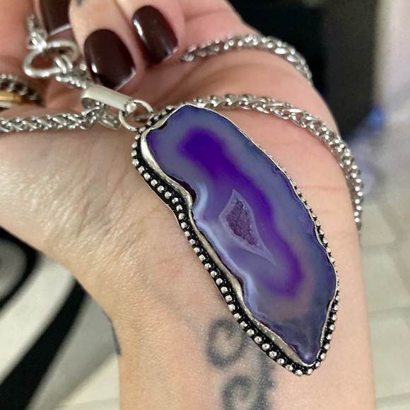 925 sterling silver overlay Purple agate slice gemstone charm boho necklace . - Picture 9 of 16